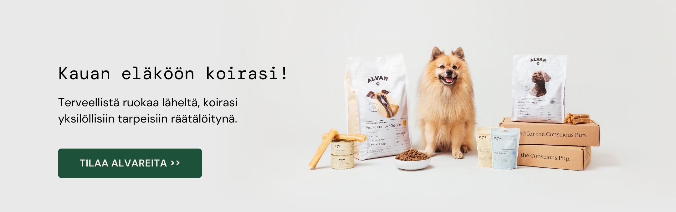 Alvar-koira ja Alvar Pet -koiranruokaa