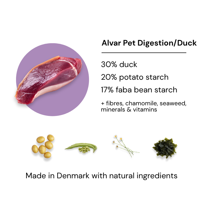 Product label for 'Alvar Pet Digestion/Duck' hypoallergenic dog food with ingredients listed and a picture of duck meat.