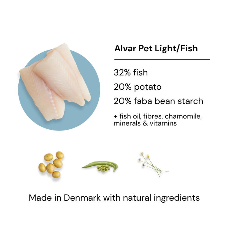 Alvar Pet Light/Fish dog food product description with natural ingredients