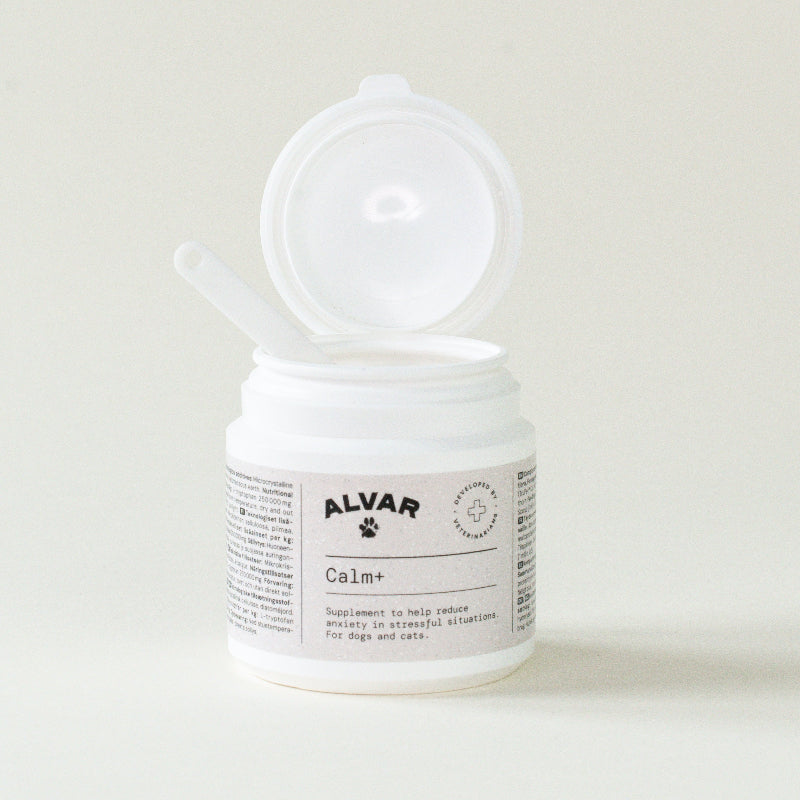 Jar of Alvar Calm+ supplement on a white background
