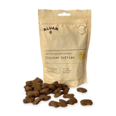 A package of Alvar Pet Chicken Softies with some treats visible in front of the package.