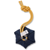 Dog toy blue denim pouch with yellow rope