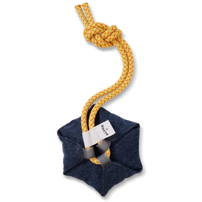 Dog toy blue denim pouch with yellow rope