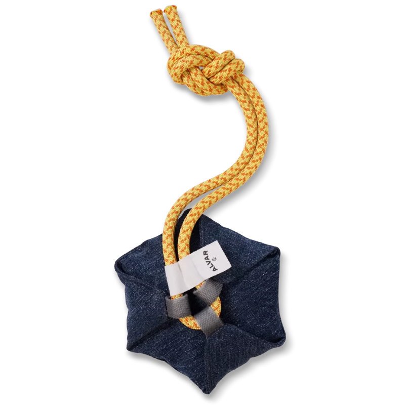 Dog toy blue denim pouch with yellow rope