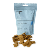 A package of Alvar Fish Softies dog treats with several treats visible in front of the package.