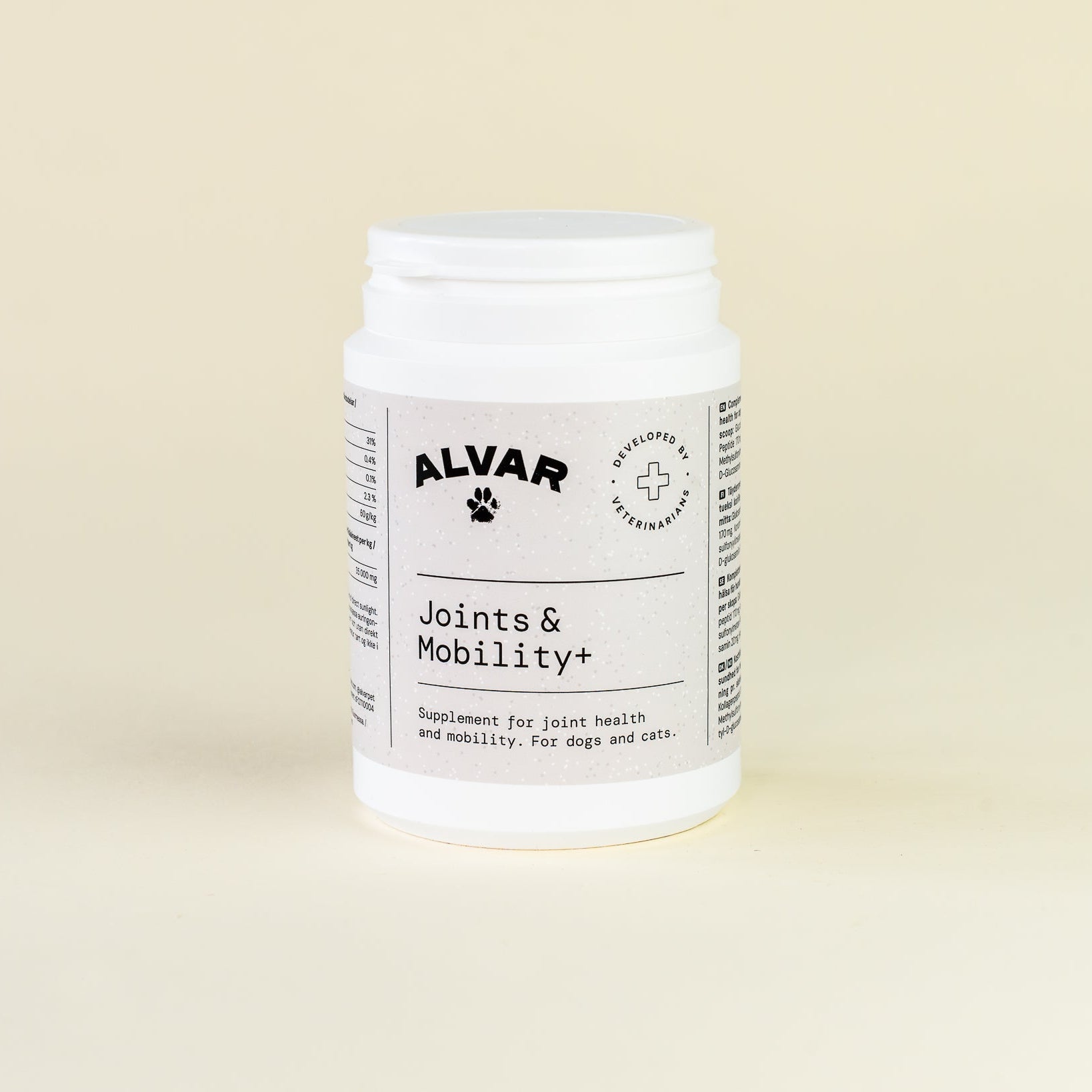 Alvar supplement container for joints and mobility on a beige background