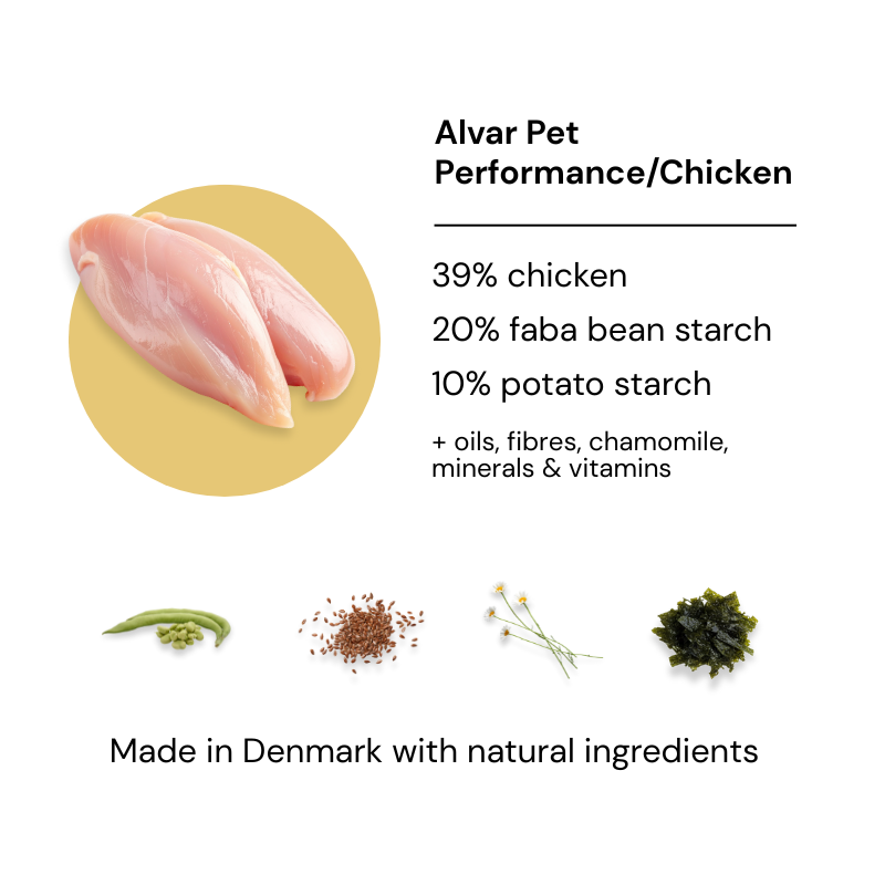 Alvar Pet Performance/Chicken dog food product description with chicken image and ingredient list 