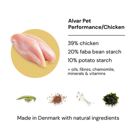 Alvar Pet Performance/Chicken dog food product description with chicken image and ingredient list 