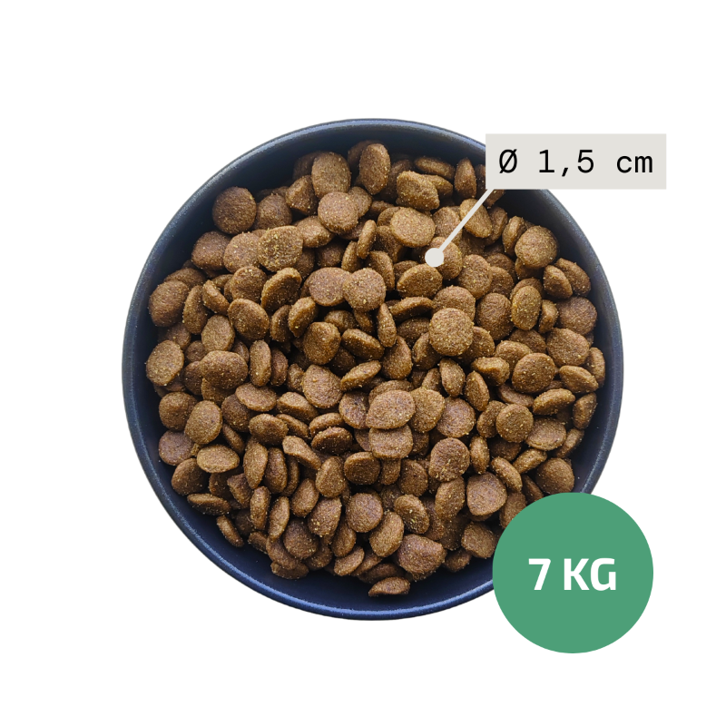 Bowl of dog food with a label indicating kibble size 