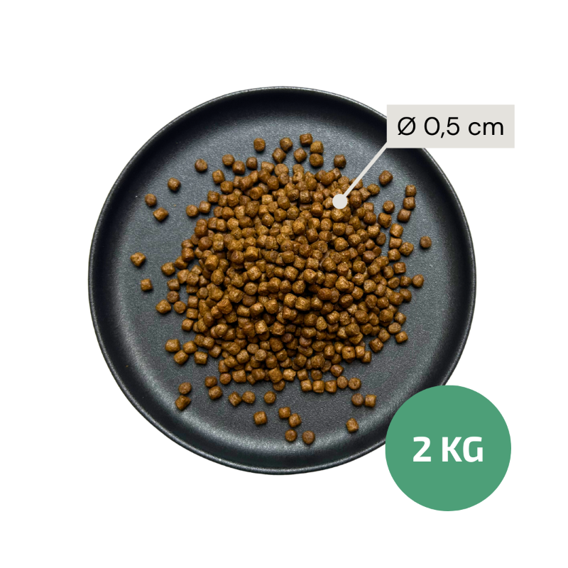 Dog food kibbles on a black plate with measurements and weight information.