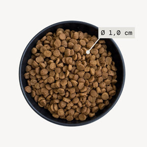 Black bowl filled with dog food with visual indicating kibble size