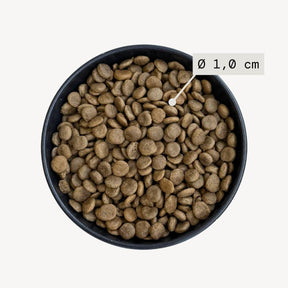 Black bowl filled with dog food with visuals indicating kibble size