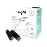 Box of Alvar Dental Chews for small dogs with two chews in front 