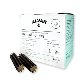 Box of Alvar Dental Chews for small dogs with two chews in front 