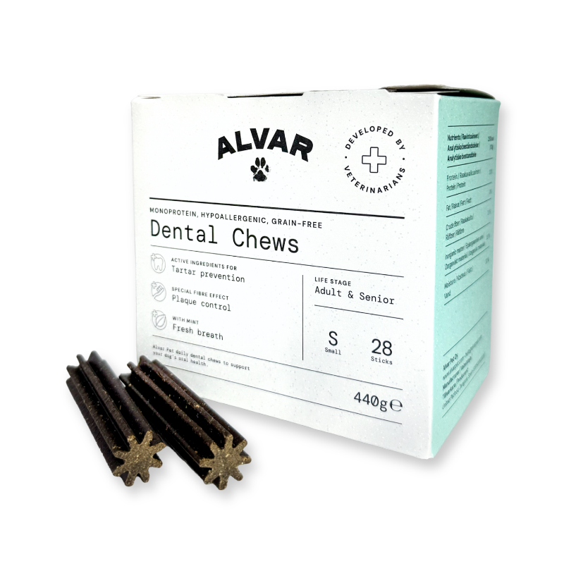 Box of Alvar Dental Chews for small dogs with two chews in front 