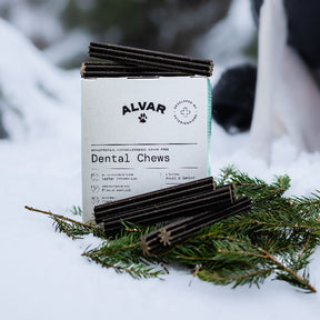 Alvar Pet Dental Chews packaging with chews on a snowy background