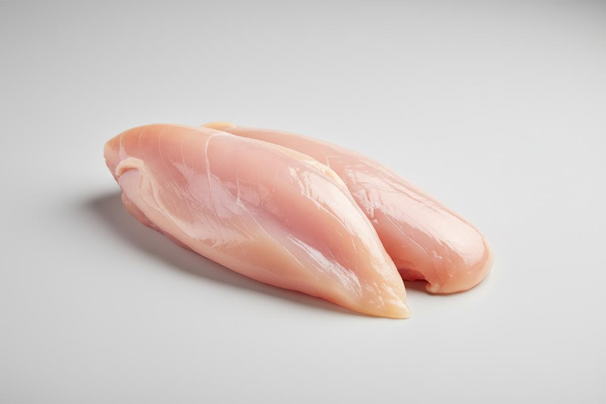 Two raw chicken breasts on a white background