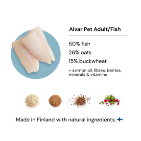 Product label for Alvar Pet Adult/Fish dry food for dogs with ingredients listed and a blue circle featuring main ingredient: fish